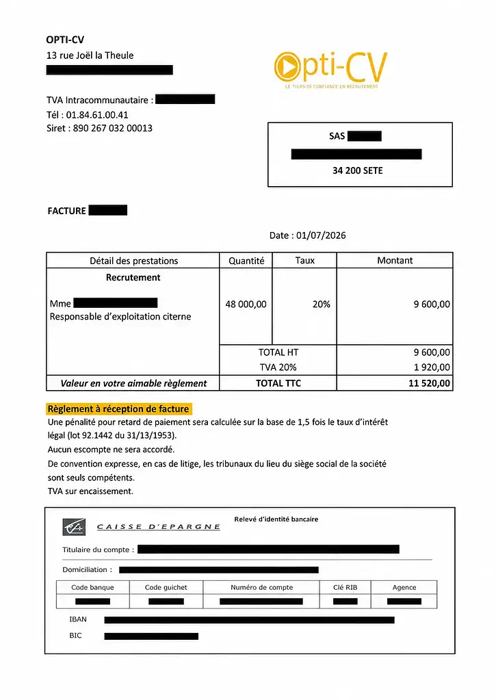 Facture client - Service de chasse de têtes - Opti-CV